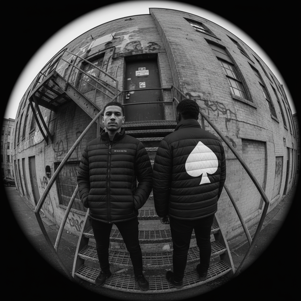 Wiseguys Puffer Coat Front and Back Fisheye B&W