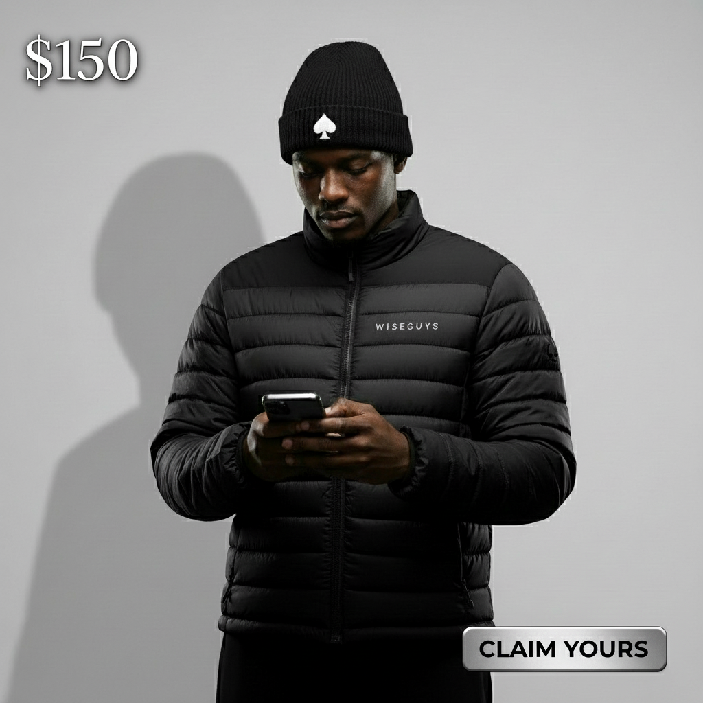 Wiseguys puffer coat with white beanie