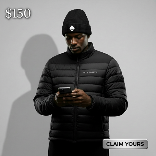 Wiseguys puffer coat with white beanie